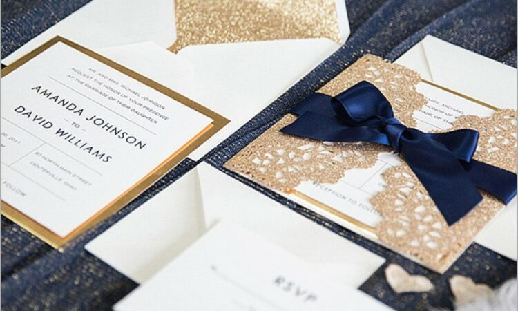 Gold And Navy Blue Wedding Invitations