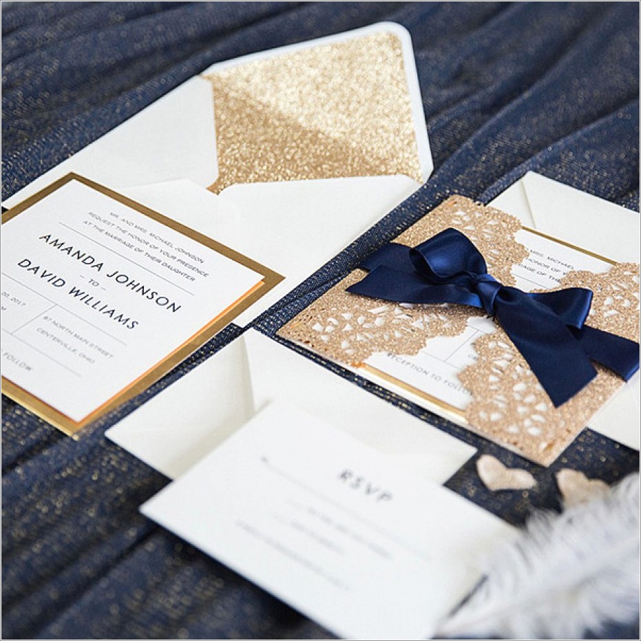 Gold And Navy Blue Wedding Invitations