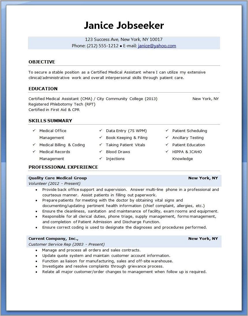 Good Resume Examples For Medical Assistant