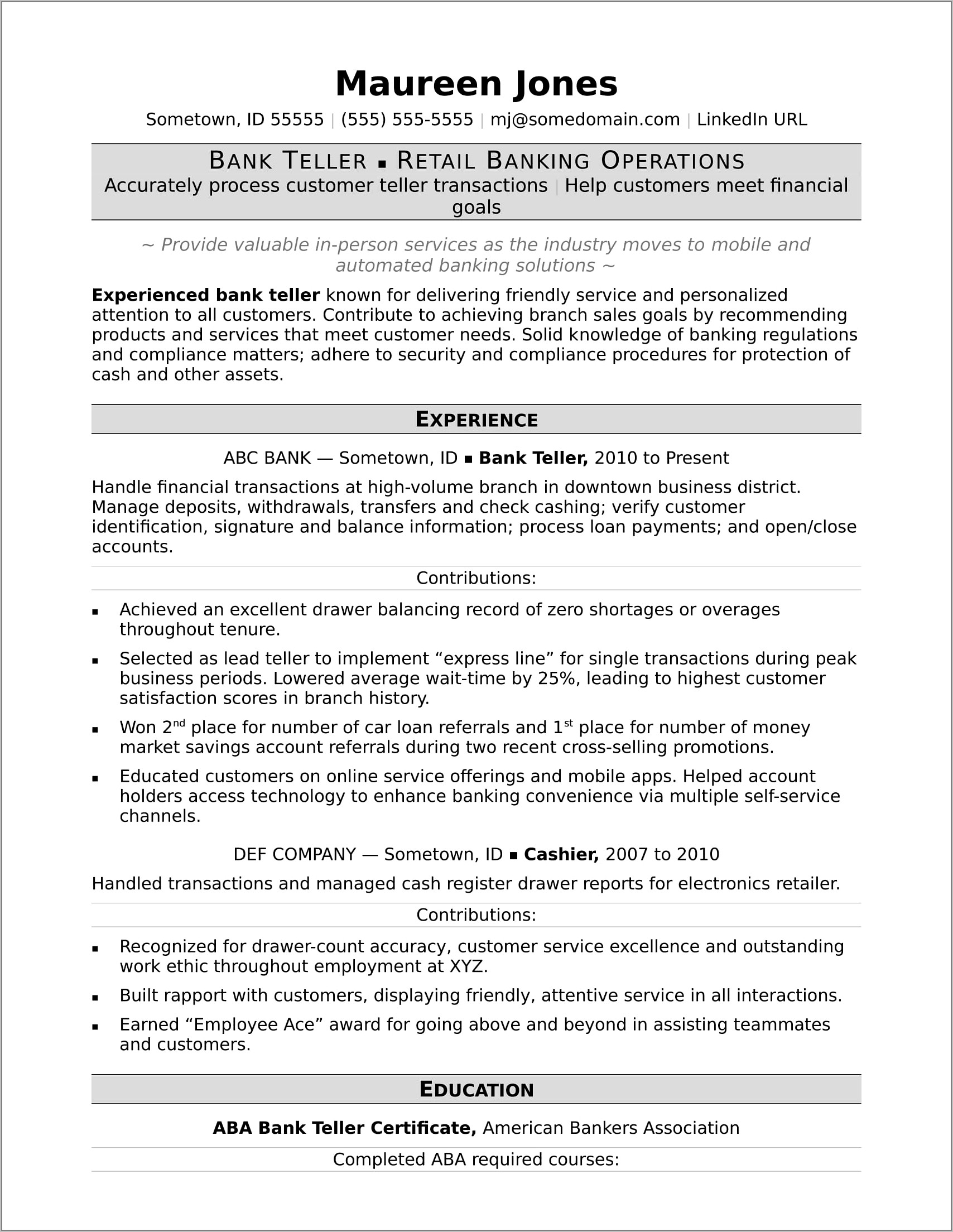 Good Resume For Teller Position