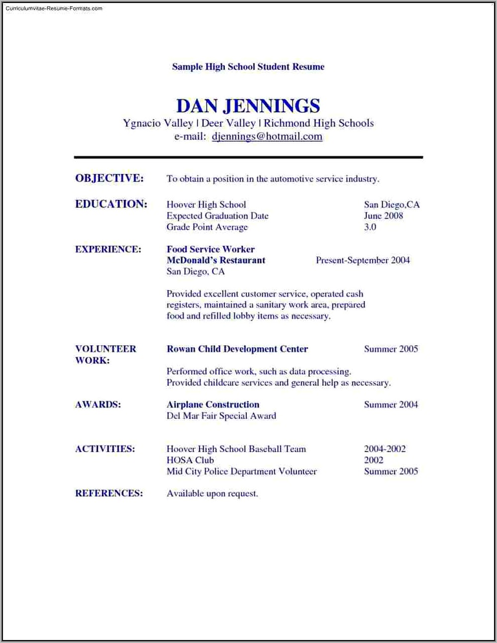 High School Student Resume Template Word Free