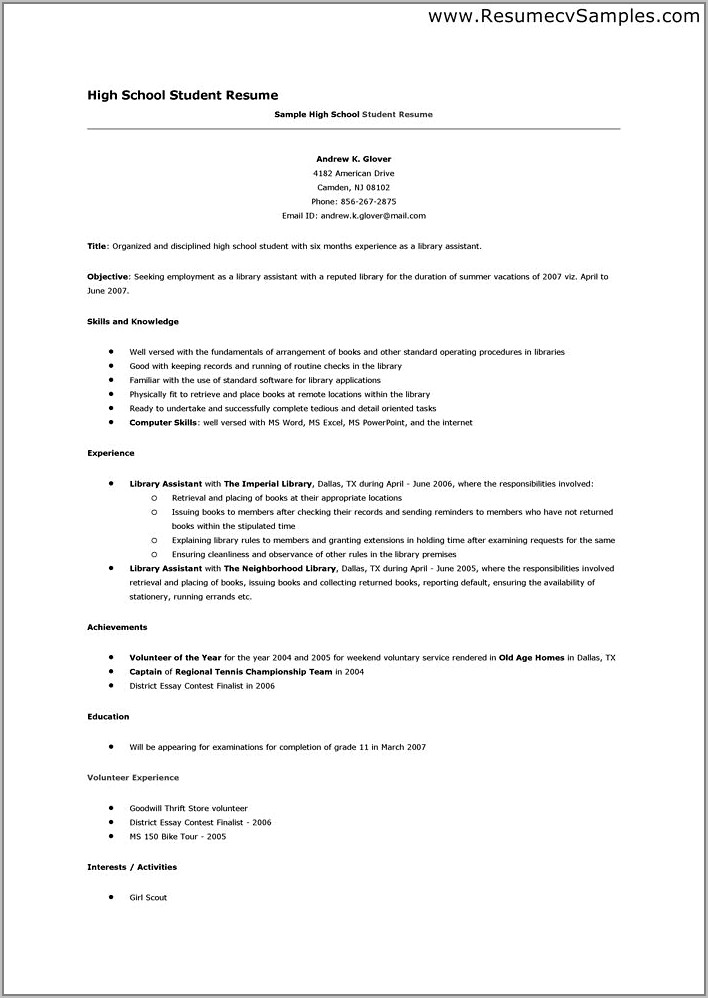 High School Student Resume Template Word