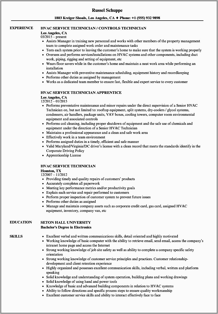 Hvac Service Technician Resume Objective