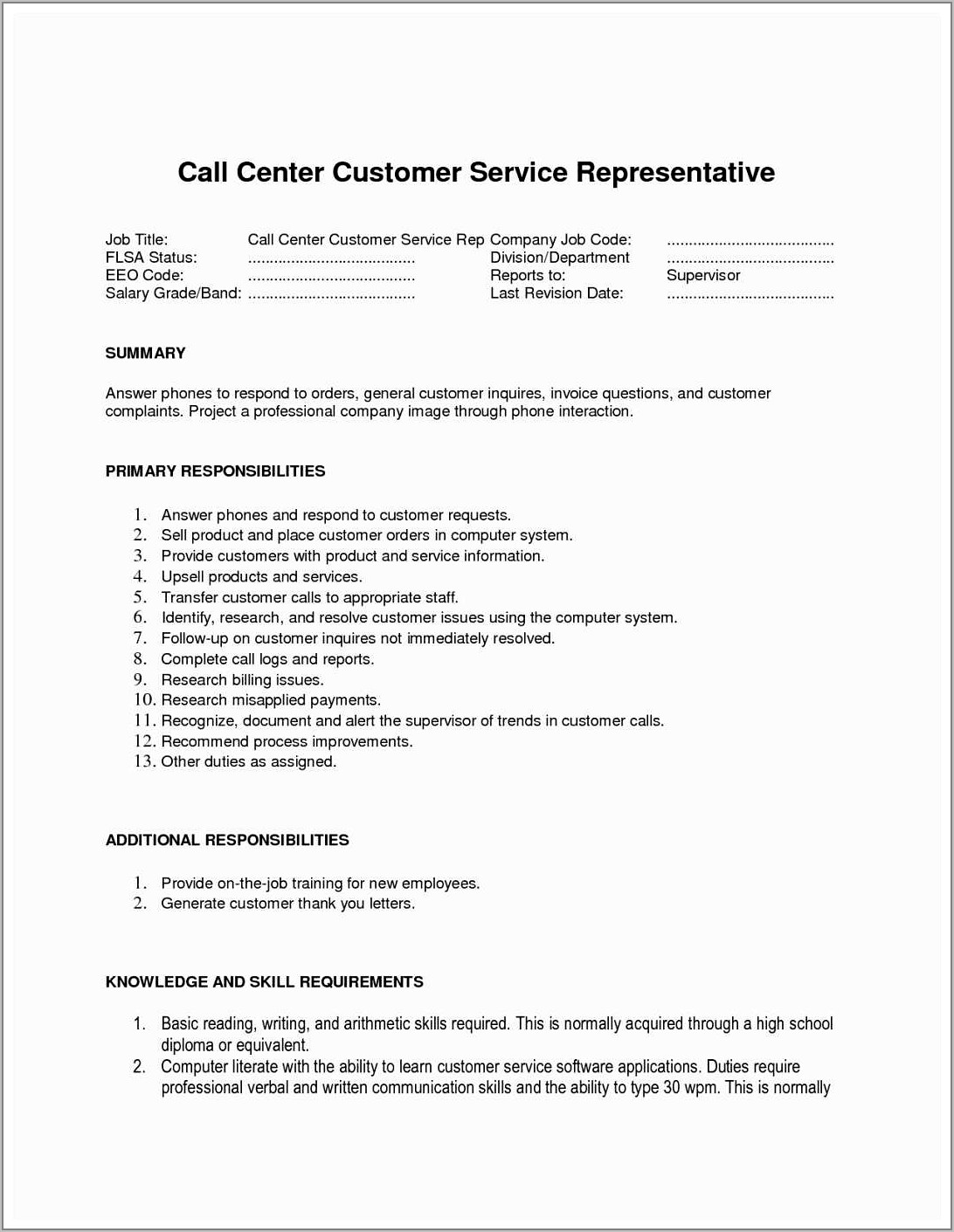 Inbound Call Center Job Resume
