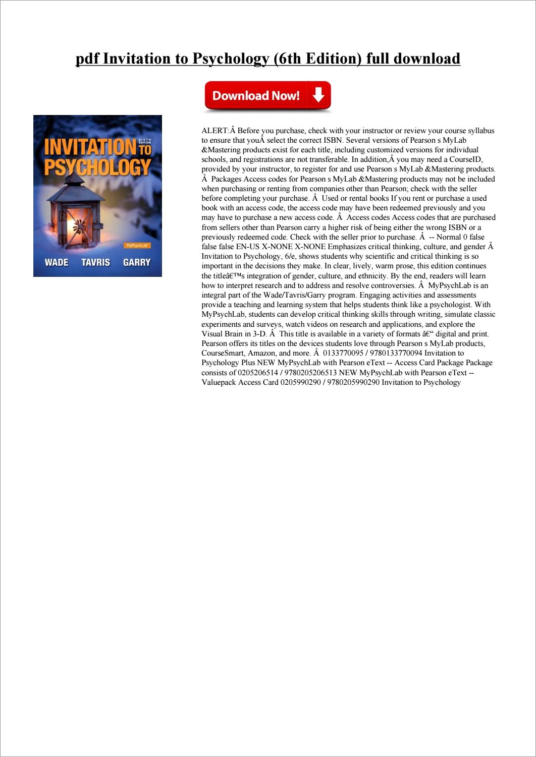 Invitation To Psychology 6th Edition Pdf