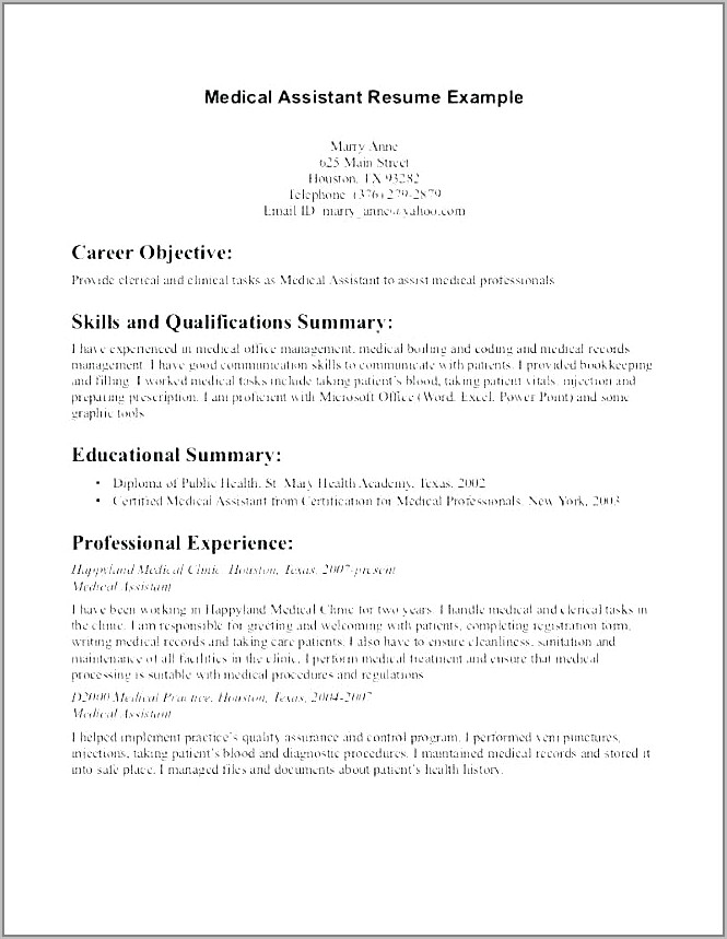 Job Resume For Medical Assistant