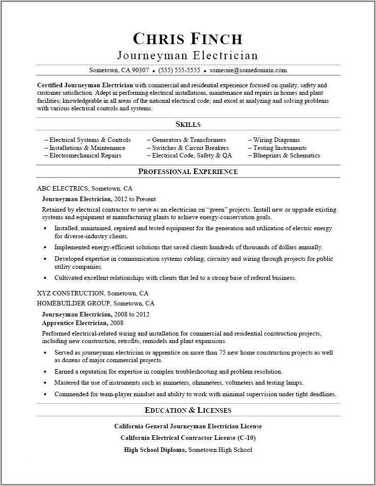 Journeyman Electrician Resume Example