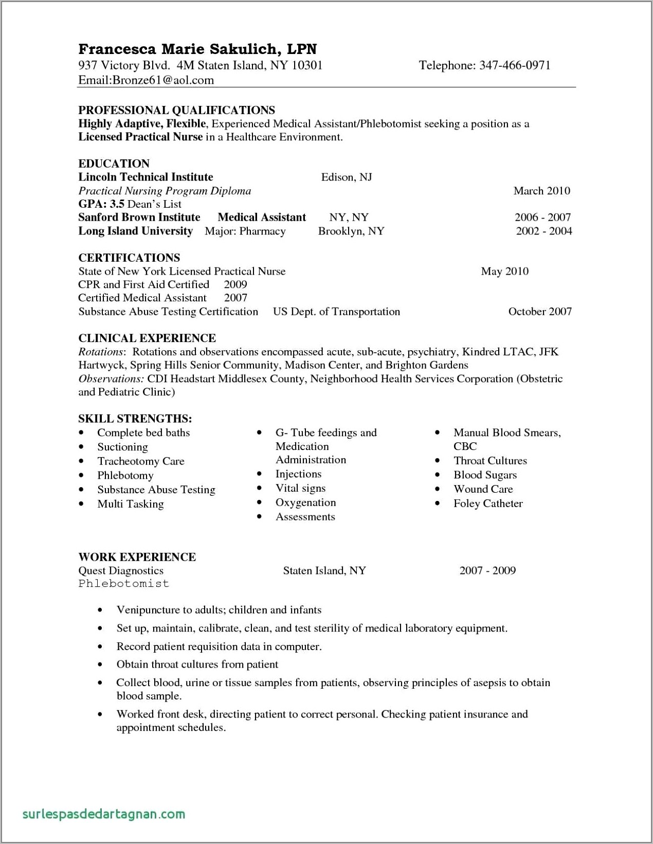 Licensed Practical Nurse Sample Resume
