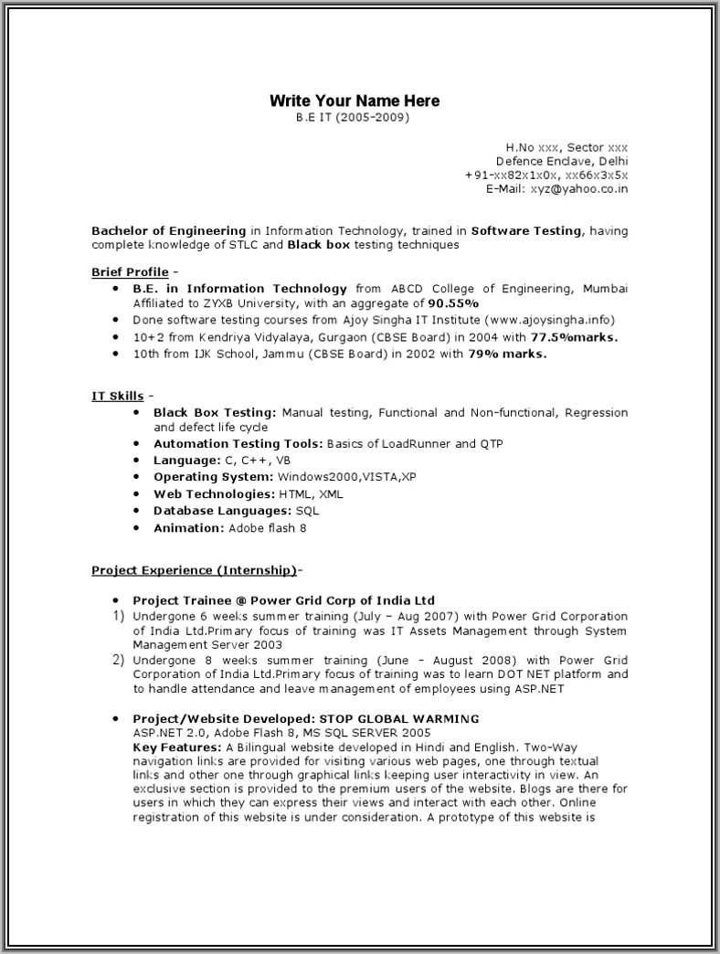 Manual Testing Resume Format For Freshers