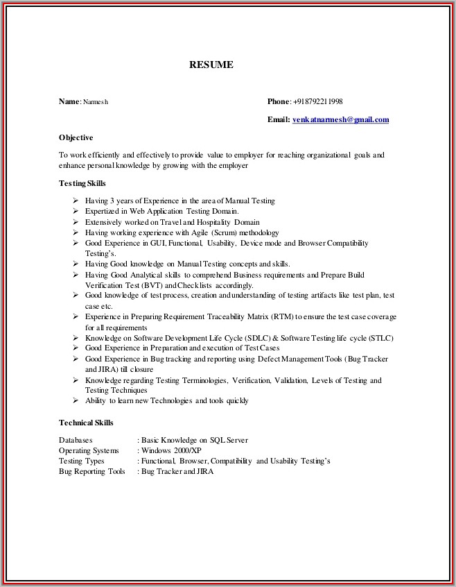 Manual Testing Sample Resume