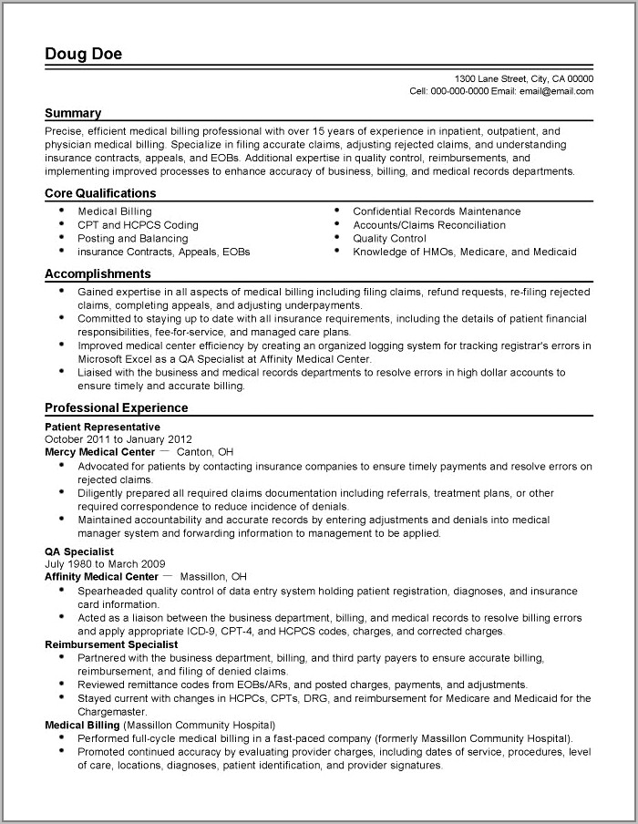 Medical Billing And Coding Resume Example