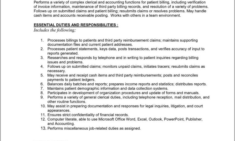 Medical Billing Specialist Job Description For Resume