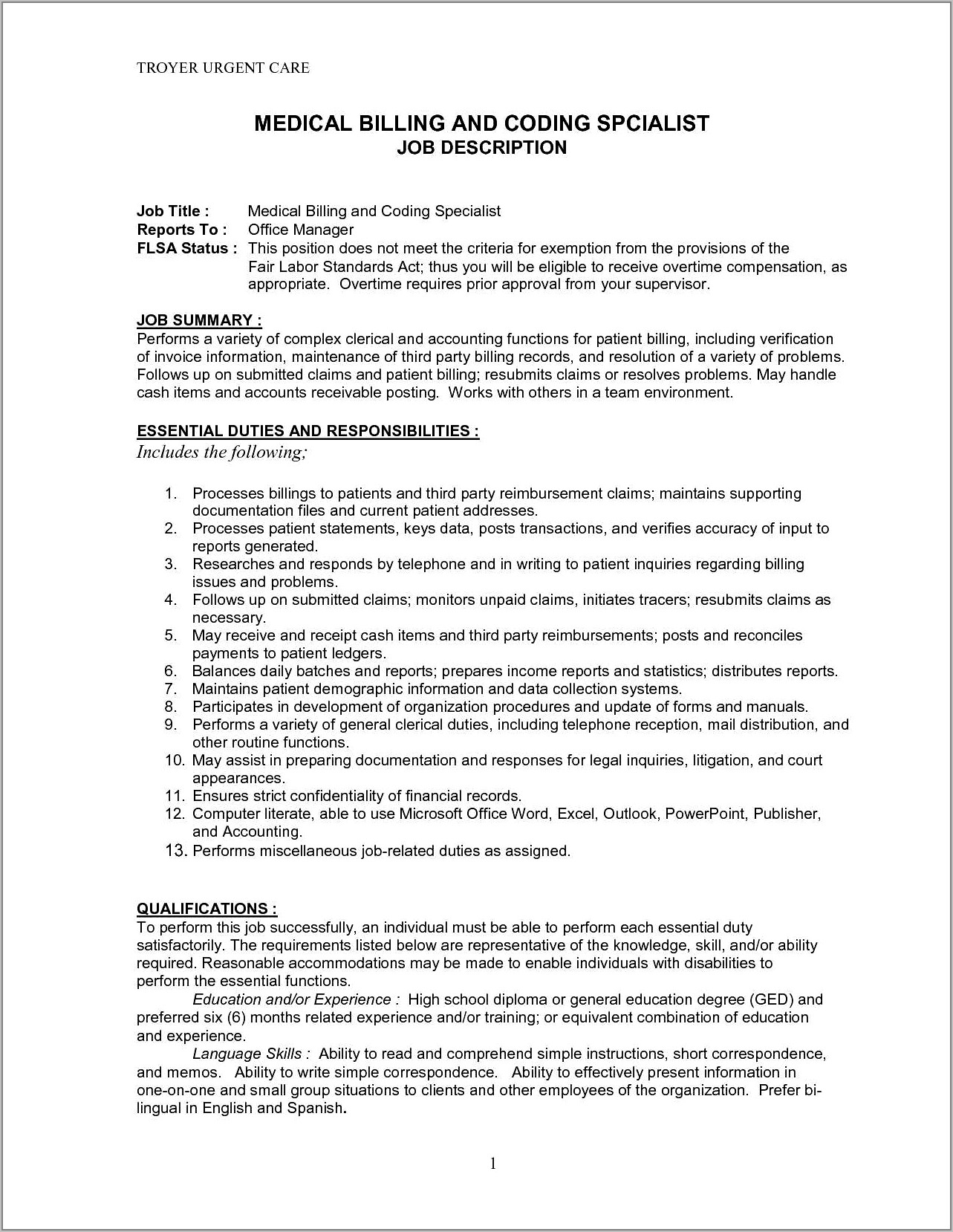 Medical Billing Specialist Job Description For Resume