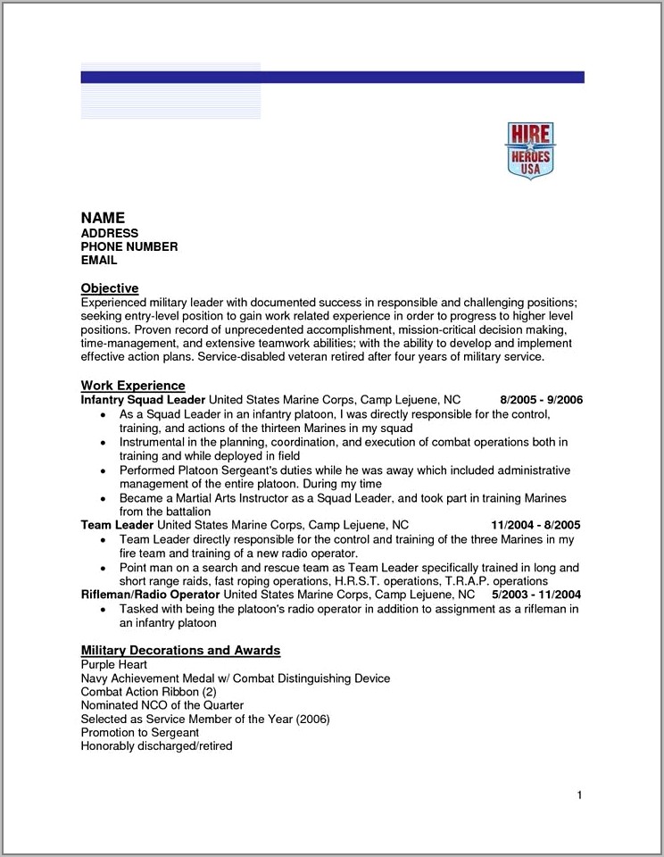 Military Resume Examples Infantry To Civilian