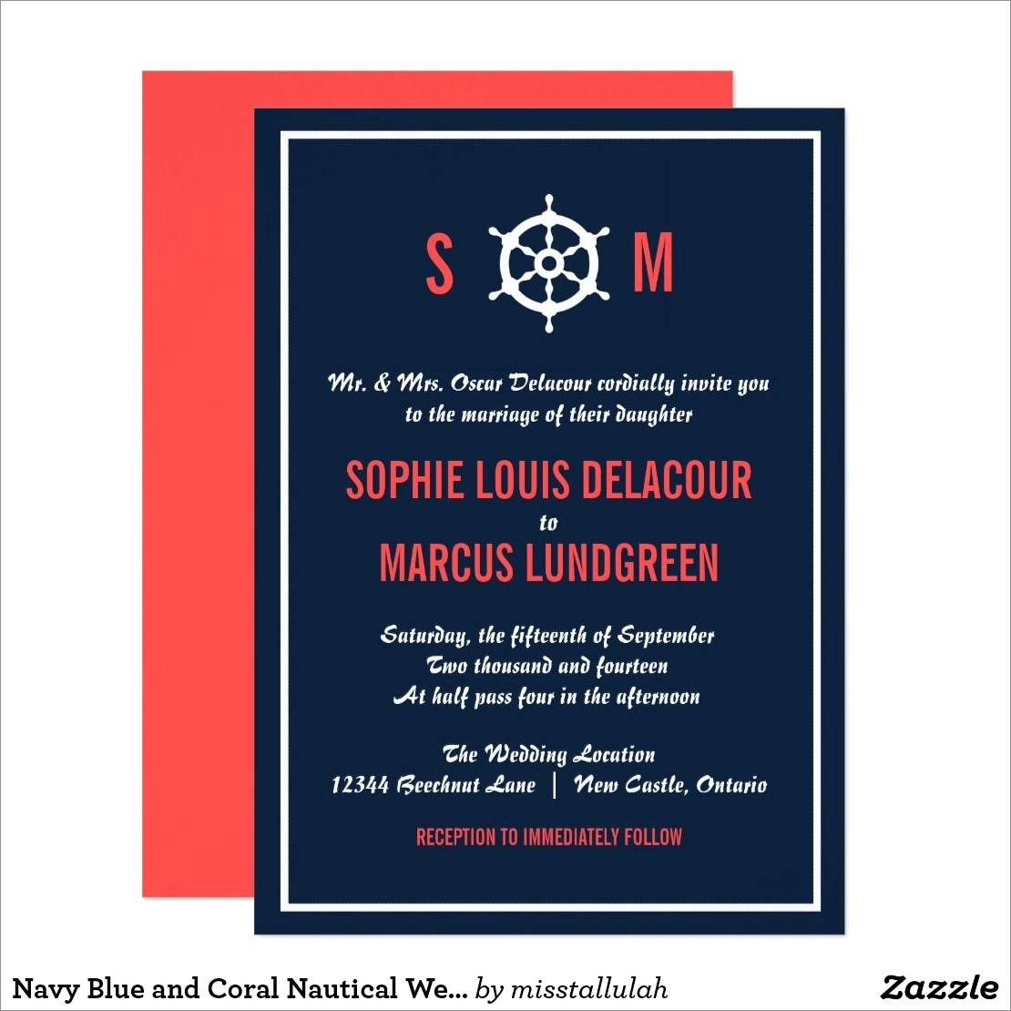 Navy Blue And Coral Wedding Invitations