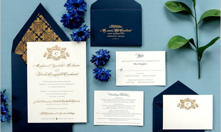 Navy Blue And Gold Foil Wedding Invitations