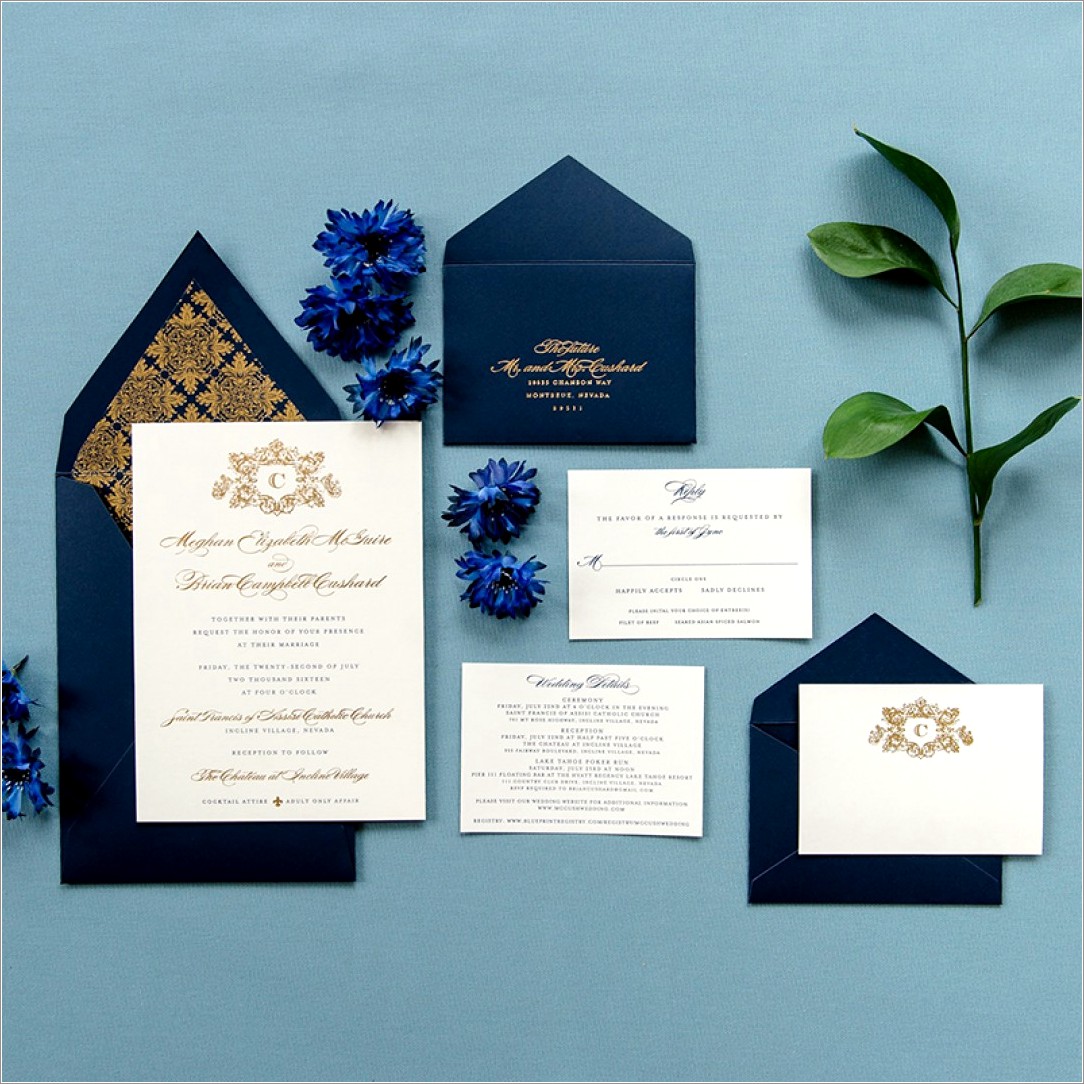 Navy Blue And Gold Foil Wedding Invitations