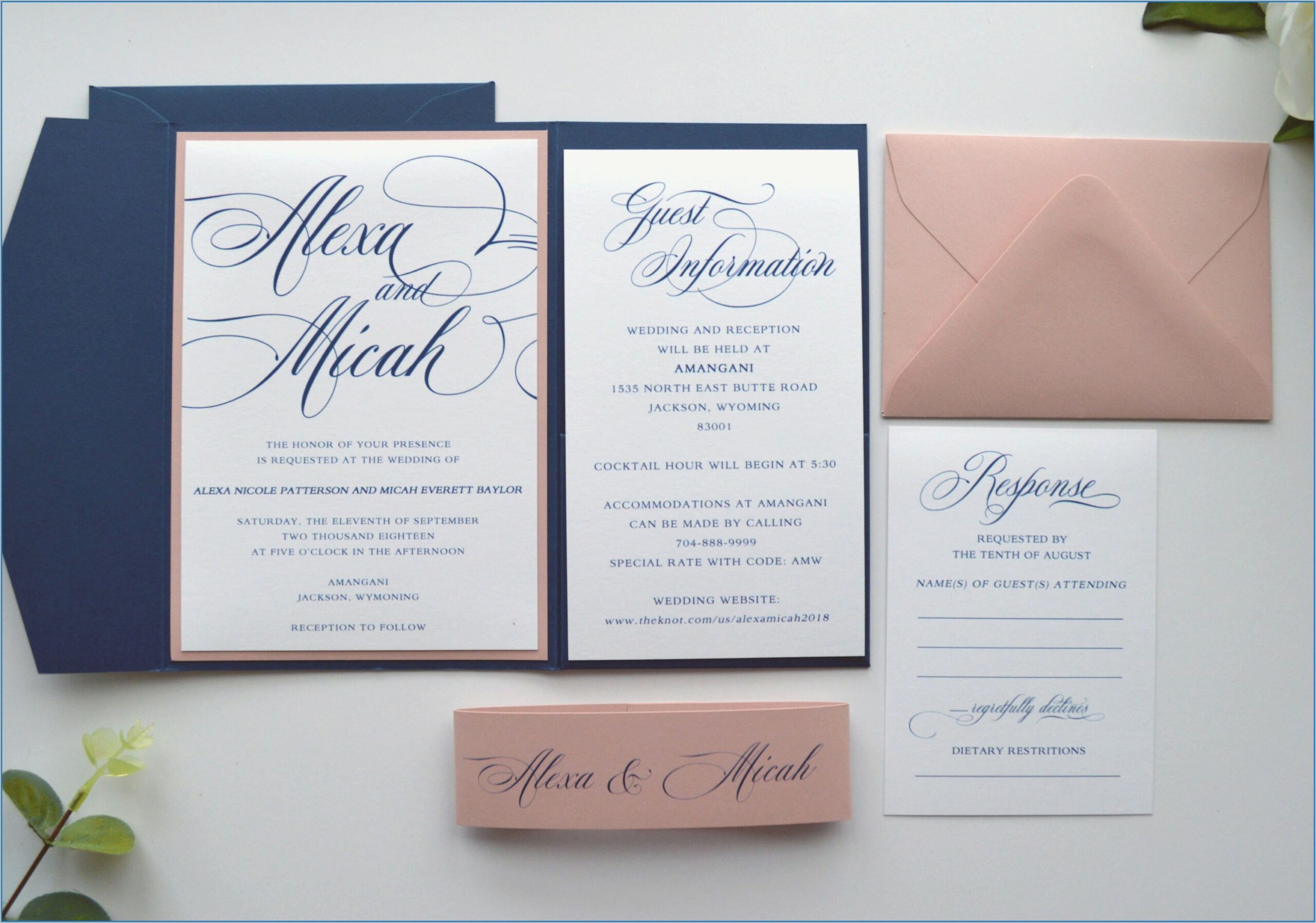 Navy Blue And Pink Wedding Invitations