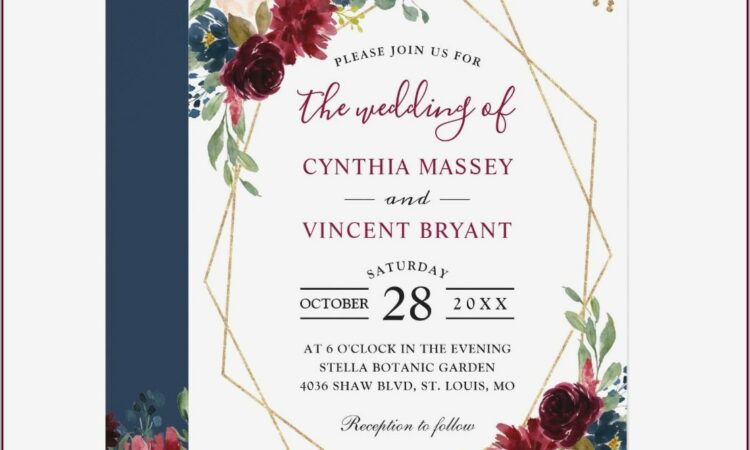 Navy Blue Burgundy And Gold Wedding Invitations