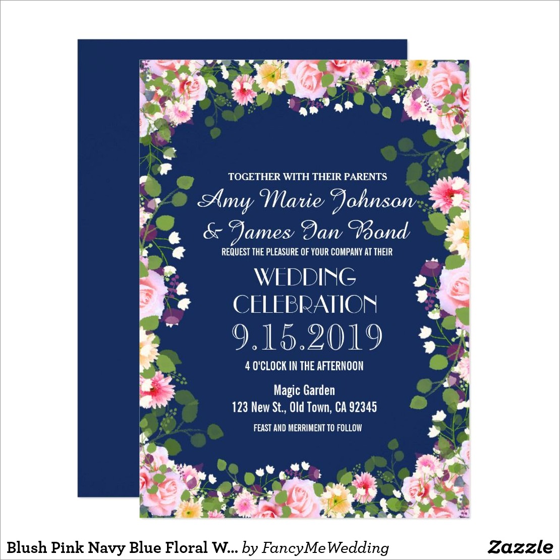 Navy Blue Floral Wedding Invitations