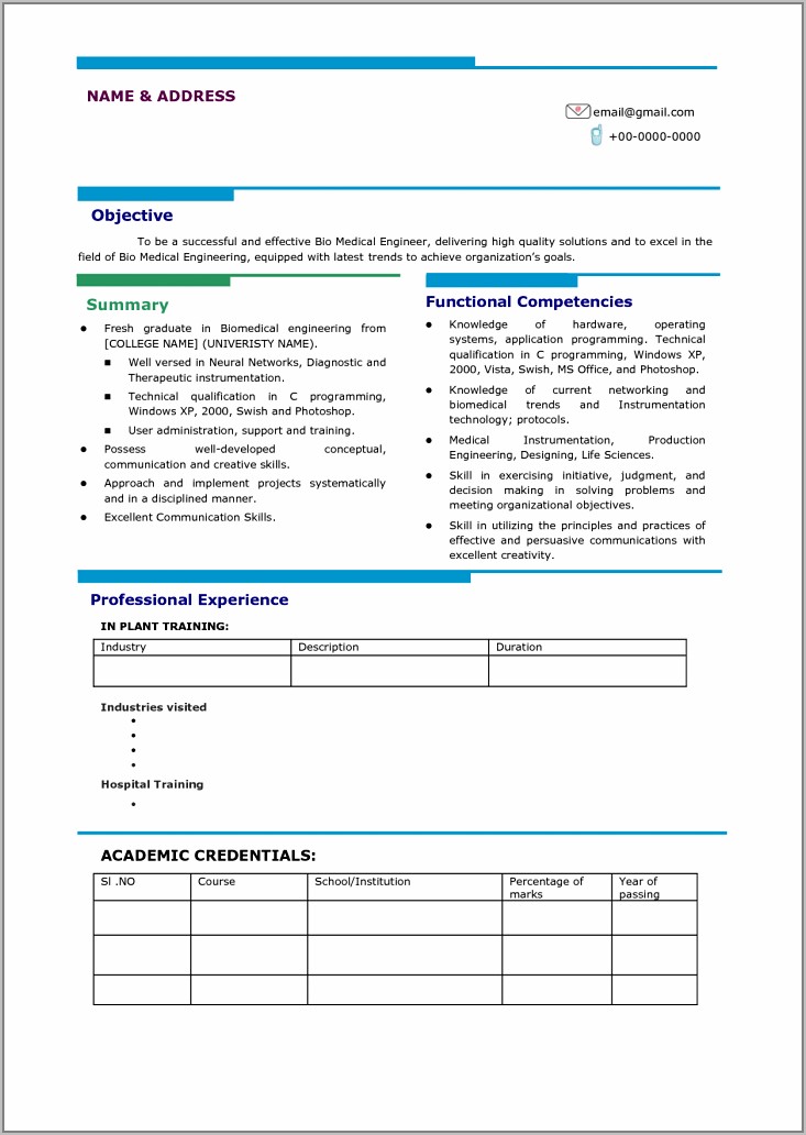 New Resume Format For Engineering Freshers
