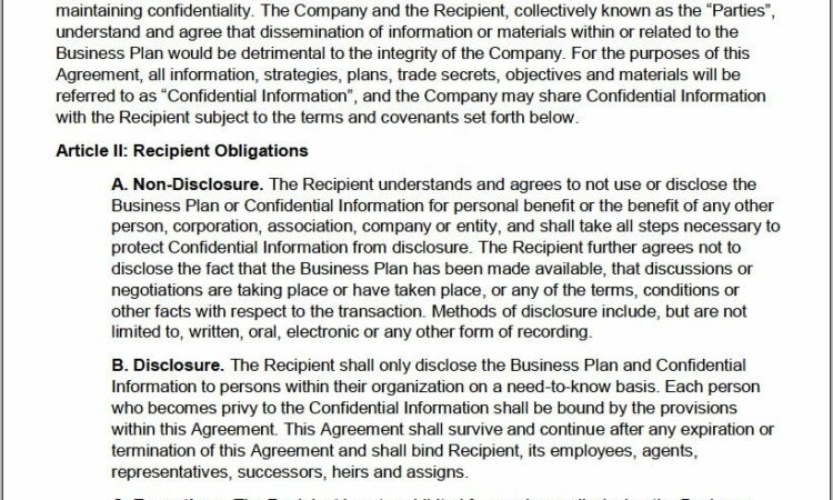 Non Disclosure Agreement Template Business Plan