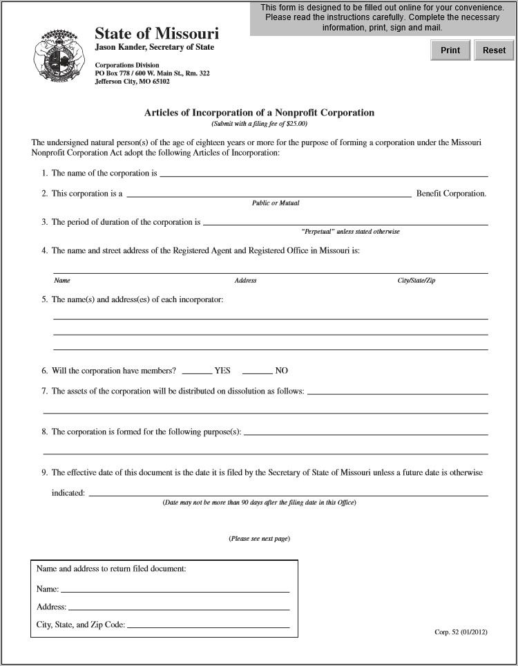 Nonprofit Articles Of Incorporation Form Missouri