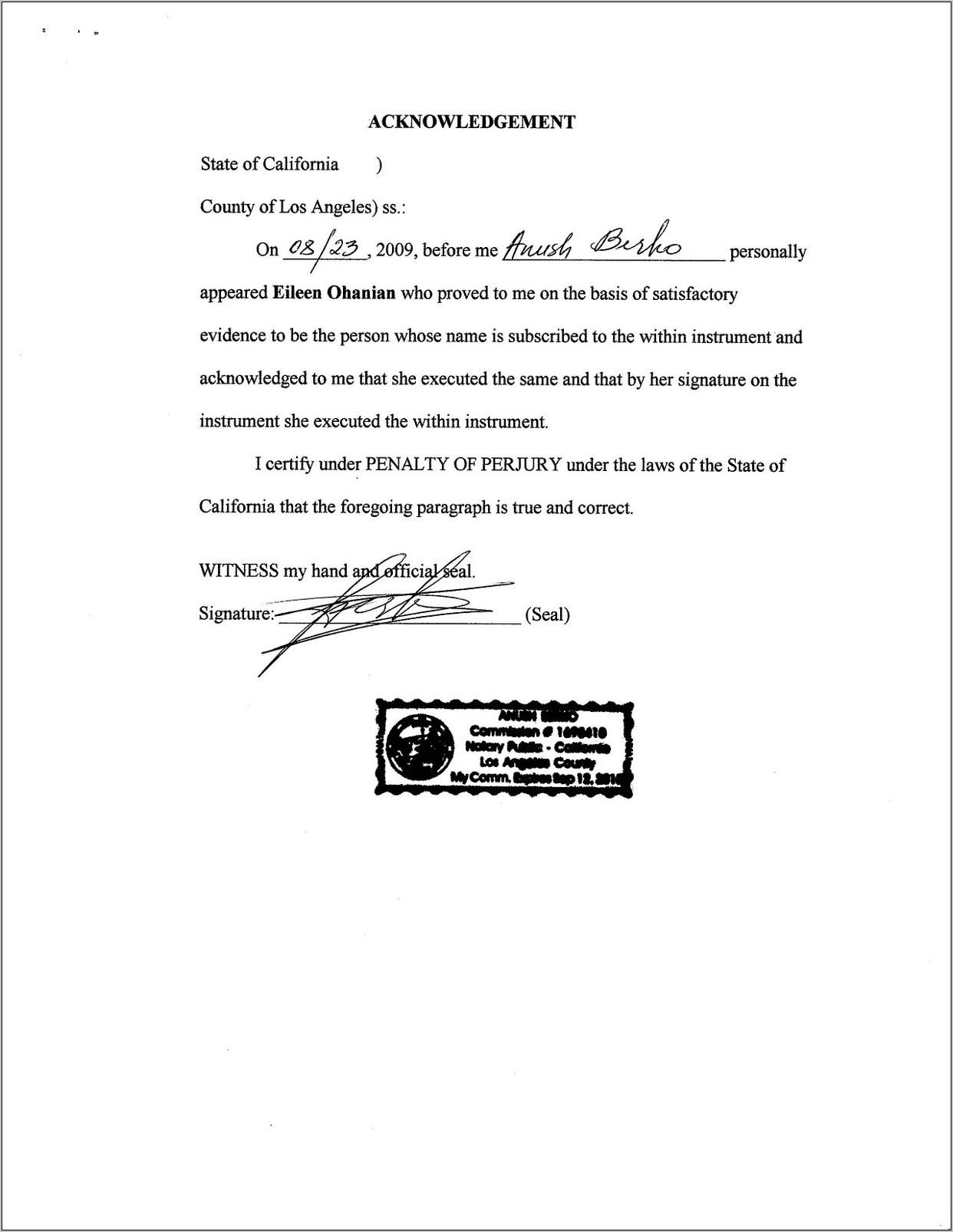 Notary Public Affidavit Sample California