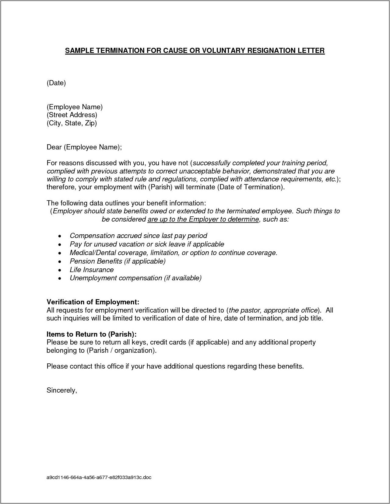 Notice Termination Of Employment Letter