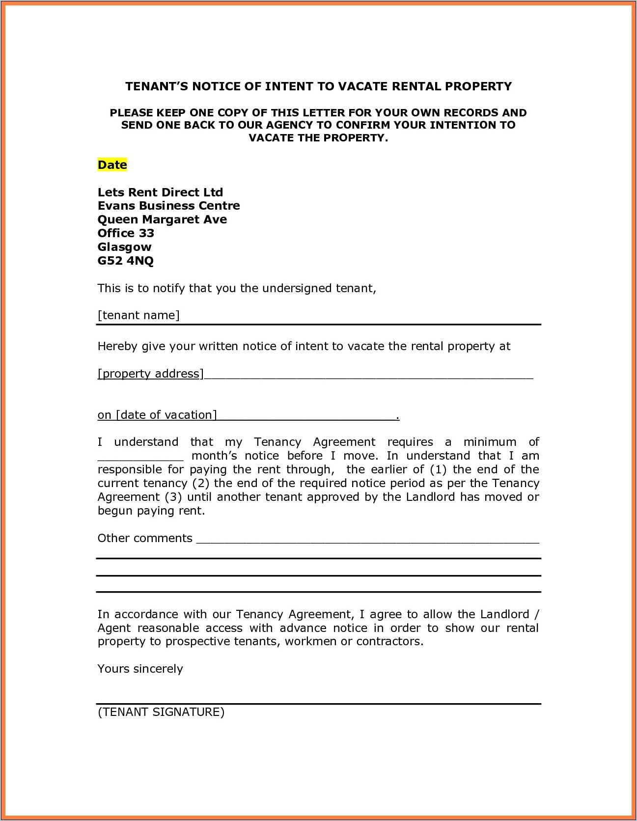 Notice To Tenant To Vacate Property Template