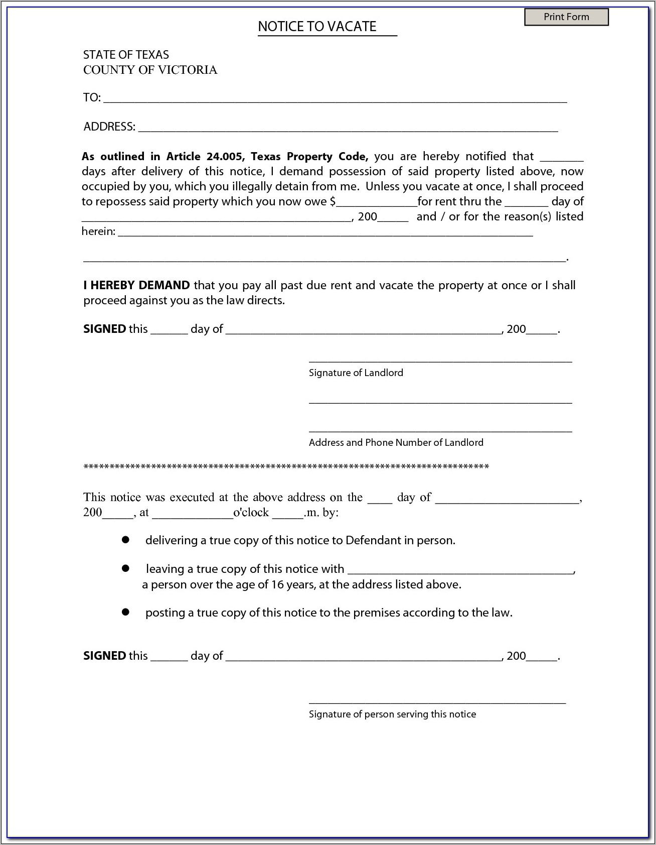 Notice To Vacate Texas Form