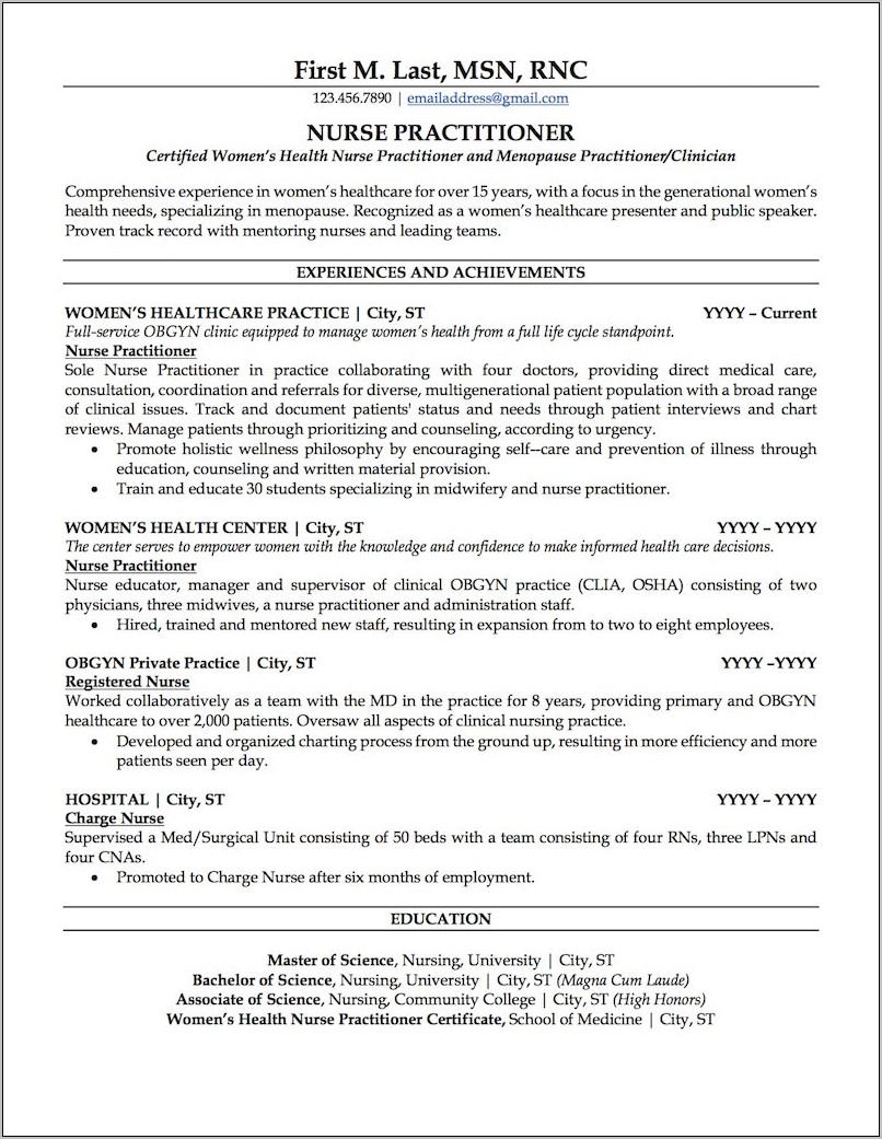 Nurse Practitioner Curriculum Vitae Template