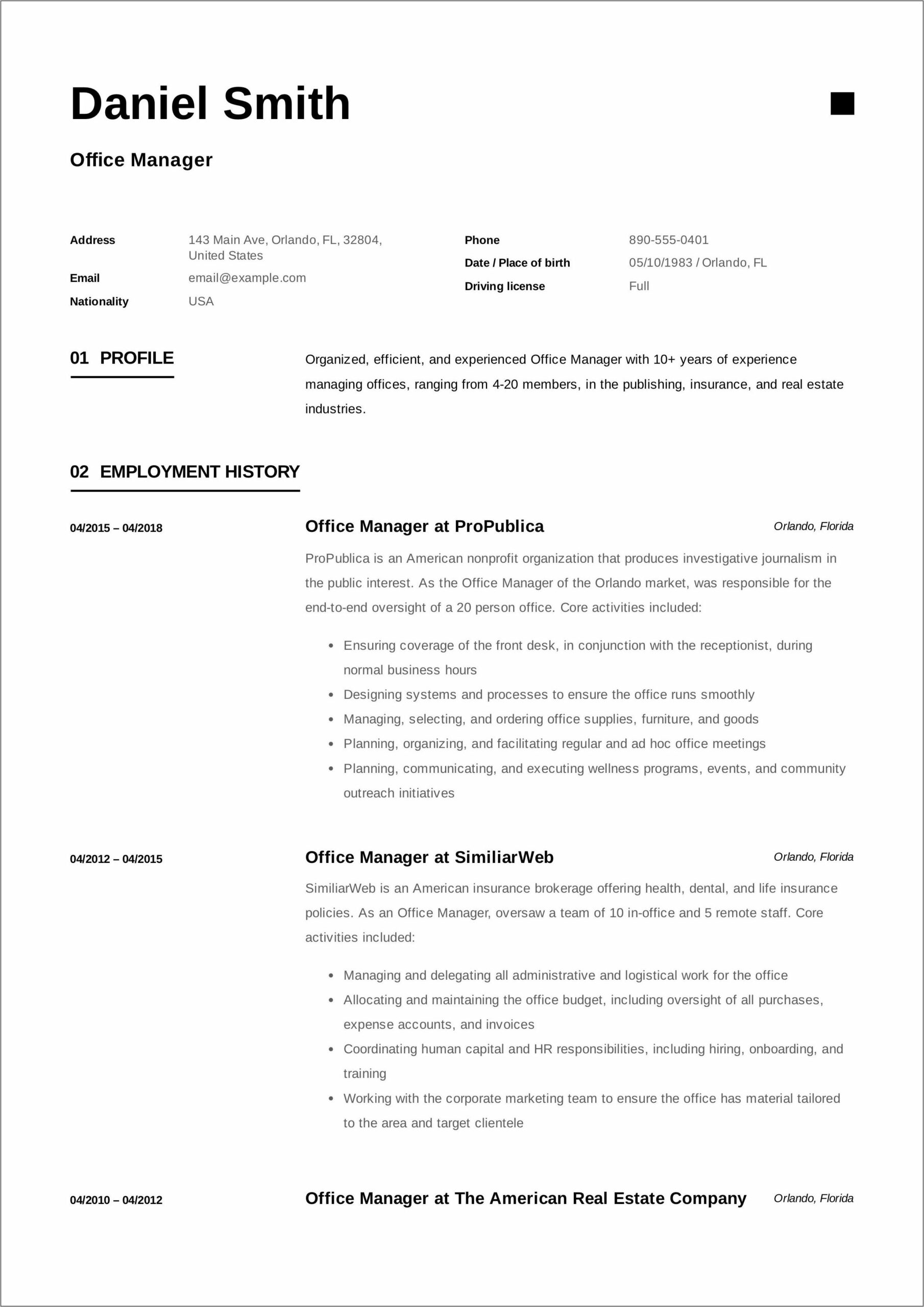 Office Manager Cv Template Free