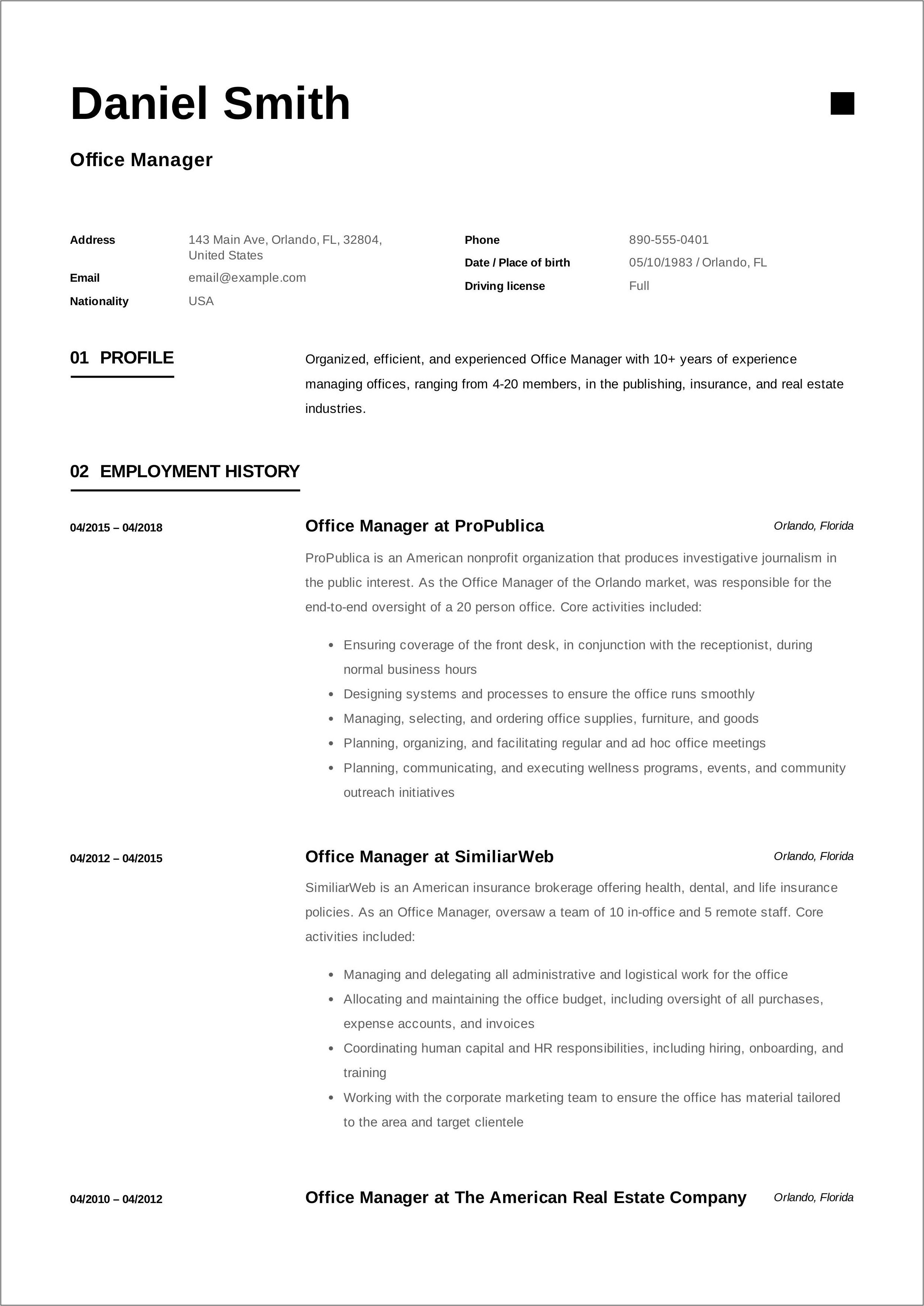 Office Manager Cv Template Free