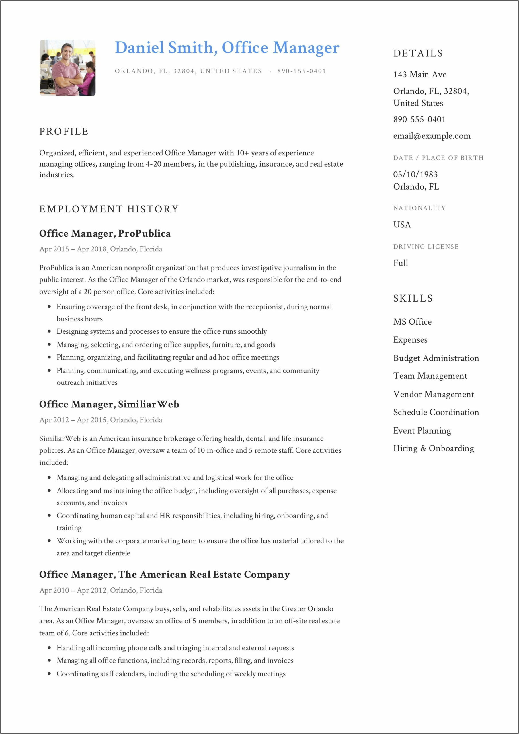 Office Manager Resume Example Free