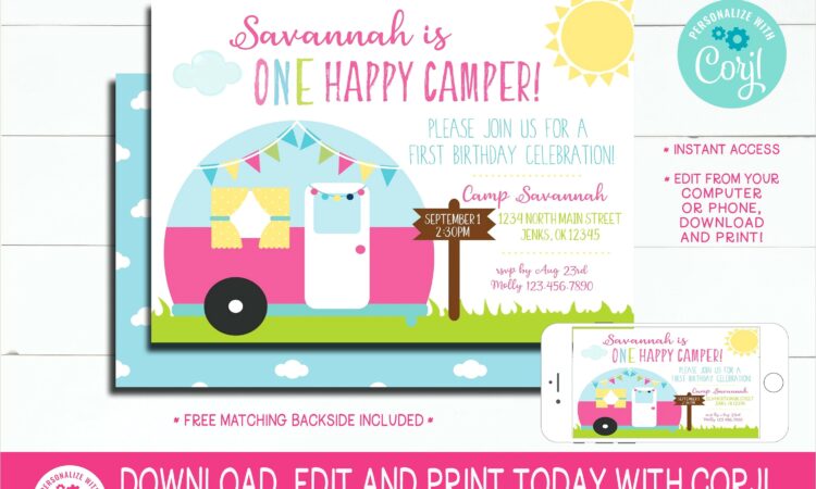 One Happy Camper Birthday Invitations