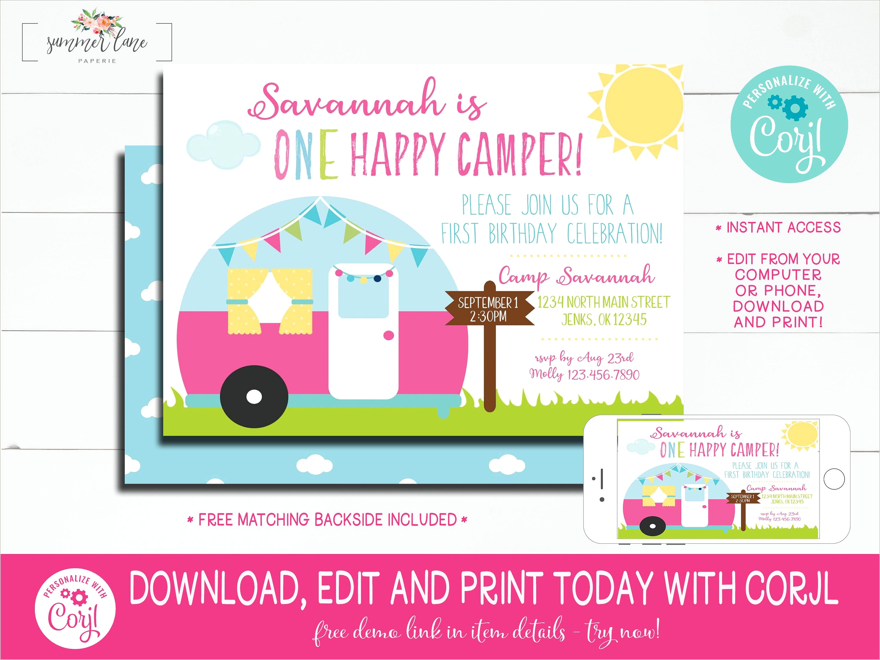 One Happy Camper Birthday Invitations