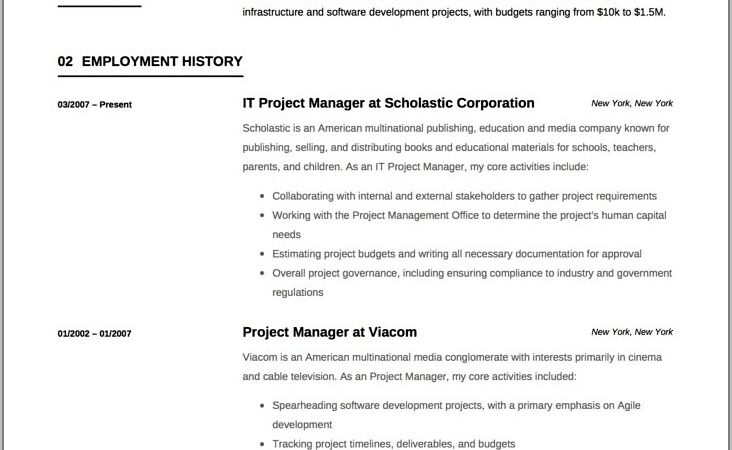 One Page Resume Template For Project Manager