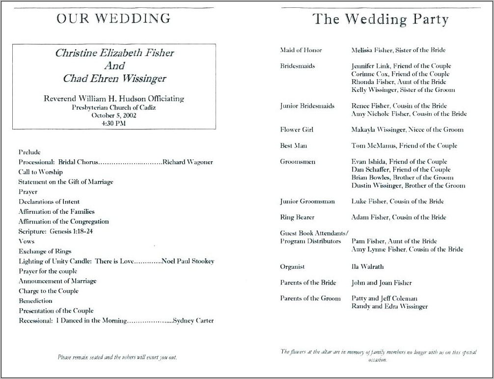One Page Wedding Program Wording Examples