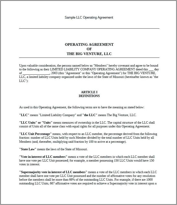 Operating Agreement For Llc Template Missouri