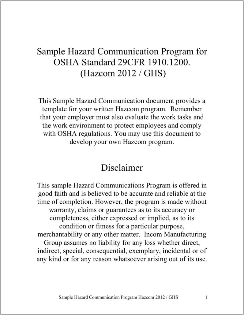 Osha Sample Written Hazard Communication Program