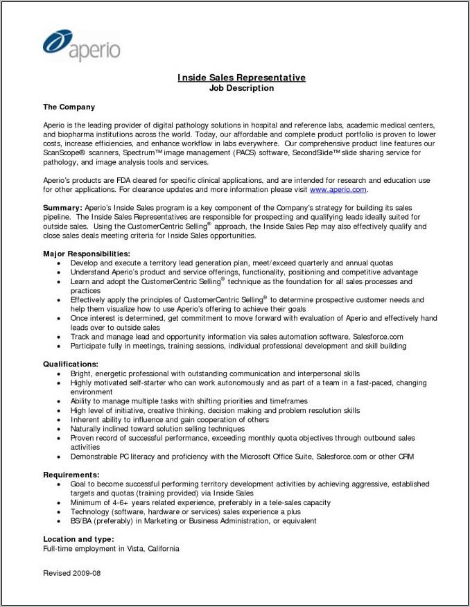 Outside Sales Representative Job Description Resume