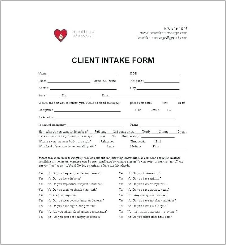 Patient Intake Form Template Physical Therapy