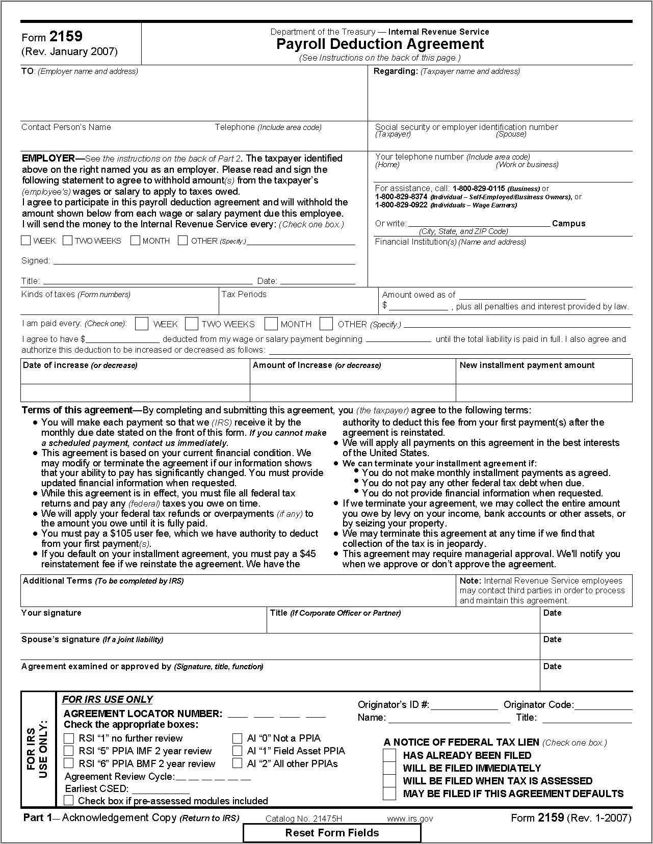 Payroll Deduction Agreement Form 2159