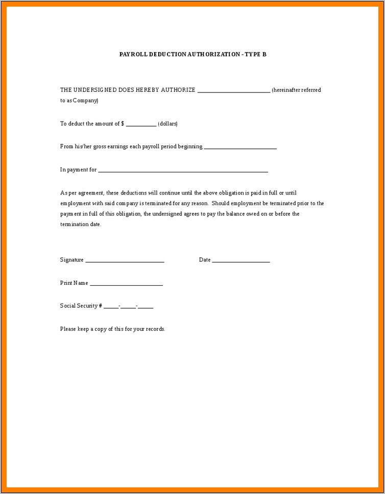 Payroll Deduction Agreement Template