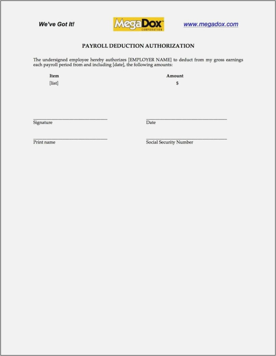 Payroll Deduction Authorization Form Sample