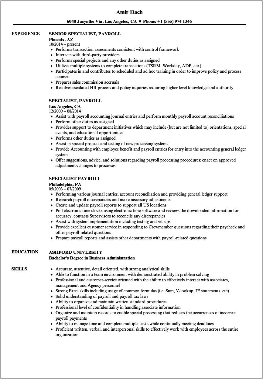 Payroll Specialist Resume Templates