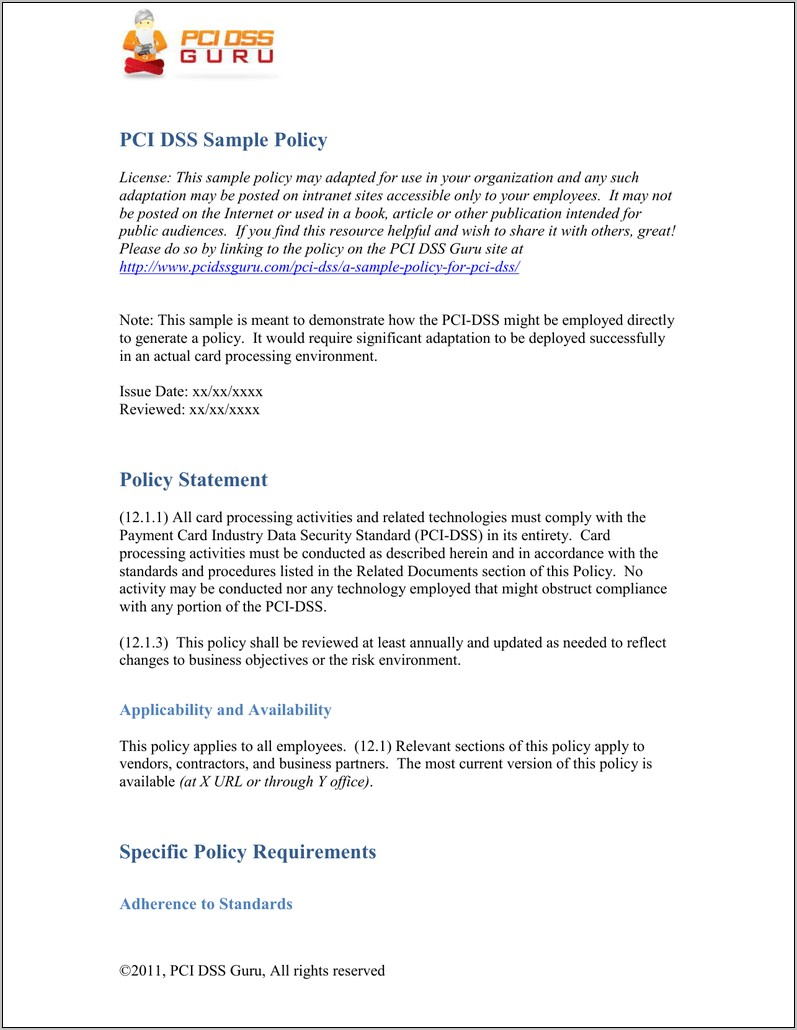 Pci Dss Sample Policy
