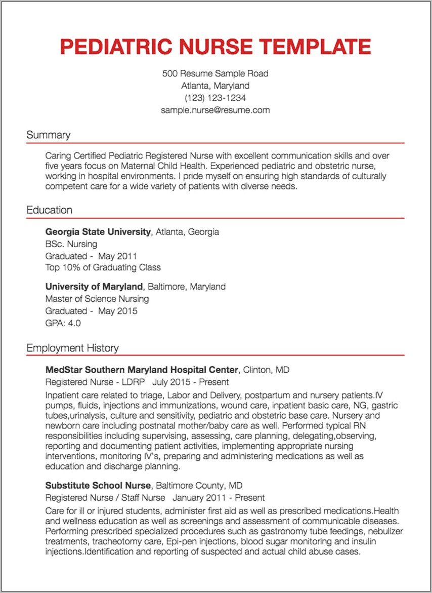 Pediatric Registered Nurse Resume Examples