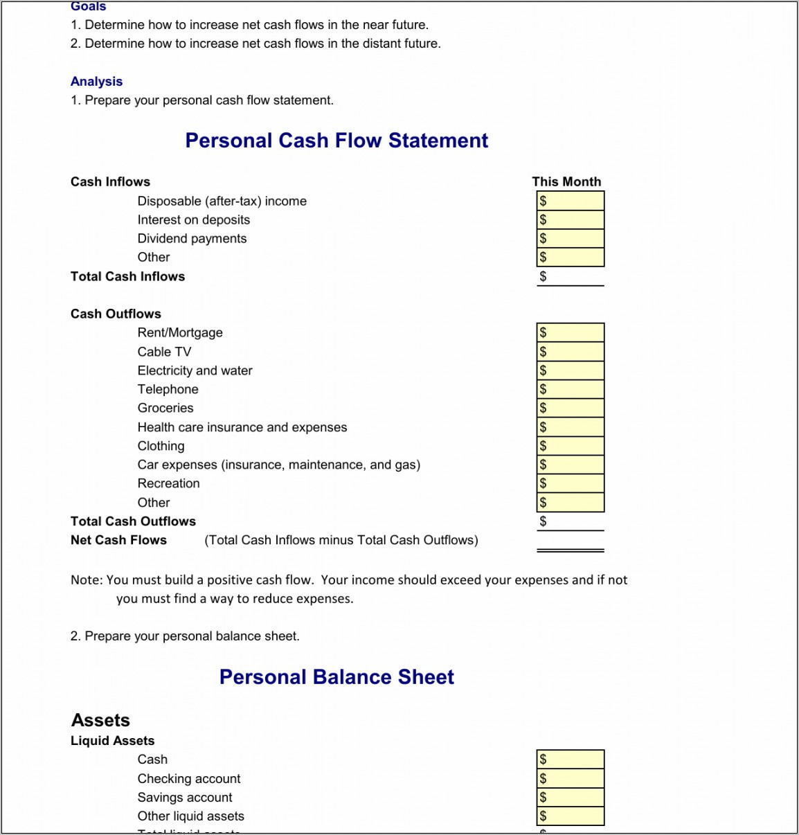 Personal Balance Sheet And Income Statement Template